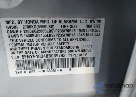 2008 Honda Pilot Se z USA, uszkodzony, nr VIN 5FNYF18348B039743